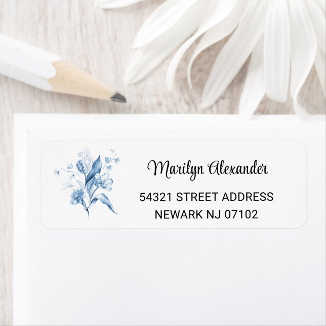 Minimal Blue Still Life Floral Return Address Label (Insitu)