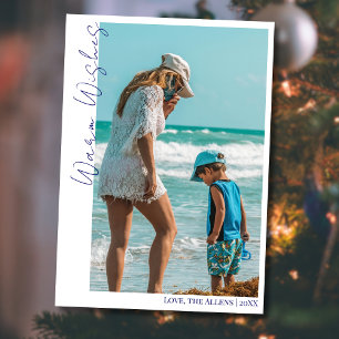 Minimal Blue Warm Wishes Two Beach Family Photo Holiday Card