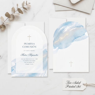 Minimal Blue Watercolor  Spanish Primera Comunion Invitation