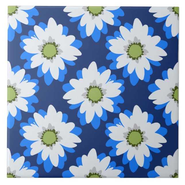 Minimal Blue White Floral Botanical Farmhouse Ceramic Tile (Front)