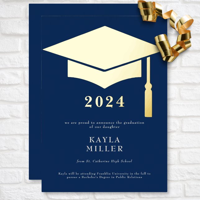 Minimal Blue & White Gold Cap Grad Announcement (Minimal Blue & White Gold Cap Graduation Foil Invitation)