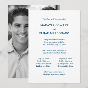 Minimal Blue/White Temple Wedding Two Reception Invitation