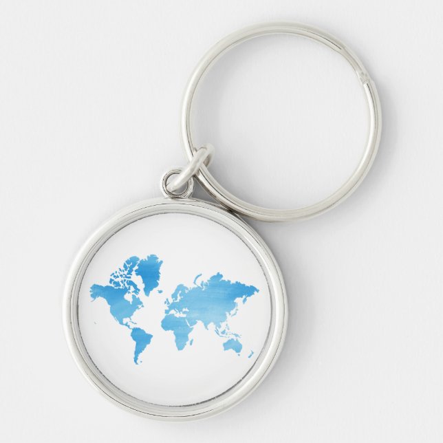Minimal Blue World Map Watercolor Art Key Ring (Front)