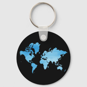 Minimal Blue World Map Watercolor Art Key Ring