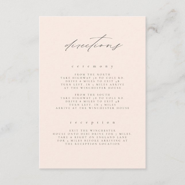 Minimal Blush Fine Art Floral Wedding Directions Enclosure Card (Front)