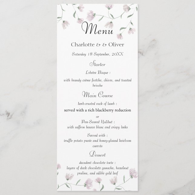 Minimal Blush Floral Elegant Wedding Menu Template (Front)