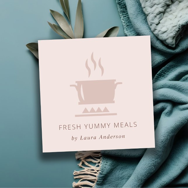 MINIMAL BLUSH PEACH PINK POT MEAL CHEF CATERING SQUARE BUSINESS CARD (Creator Uploaded)