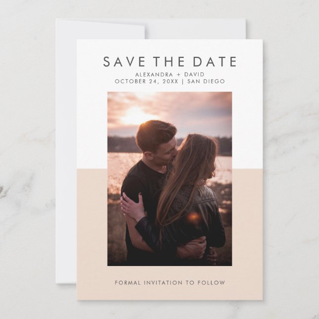 Minimal Blush Pink and White Photo Save the Date (Front)