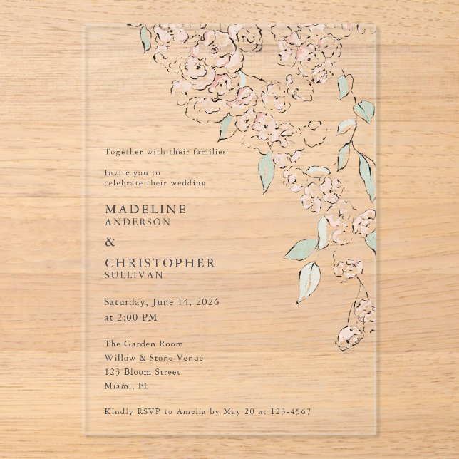 Minimal Blush Pink Floral Wedding Acrylic Invitations (Front)