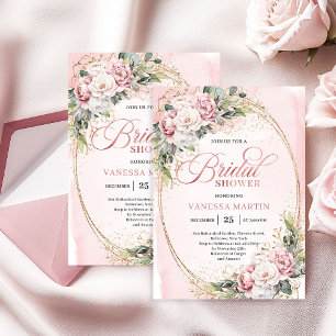 Minimal Blush Pink Flowers Gold Bridal Shower Invitation