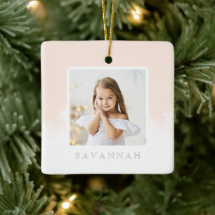 Minimal Blush Pink Ombre & Snowflake Two Photo Ceramic Ornament
