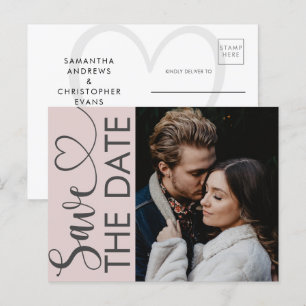 Minimal Blush Pink Photo & Heart Save the Date Announcement Postcard