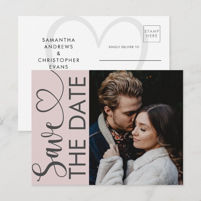 Minimal Blush Pink Photo & Heart Save the Date Announcement Postcard (Front/Back)