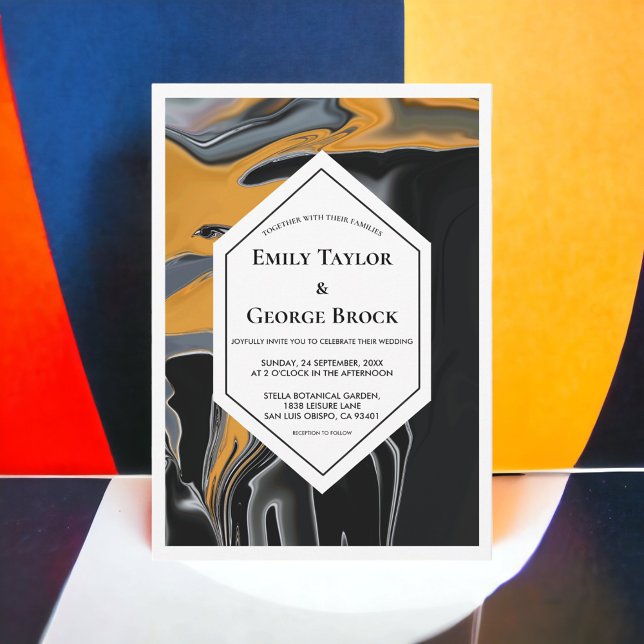 Minimal Bohemian Black Gold Artsy Abstract Wedding Invitation (Creator Uploaded)