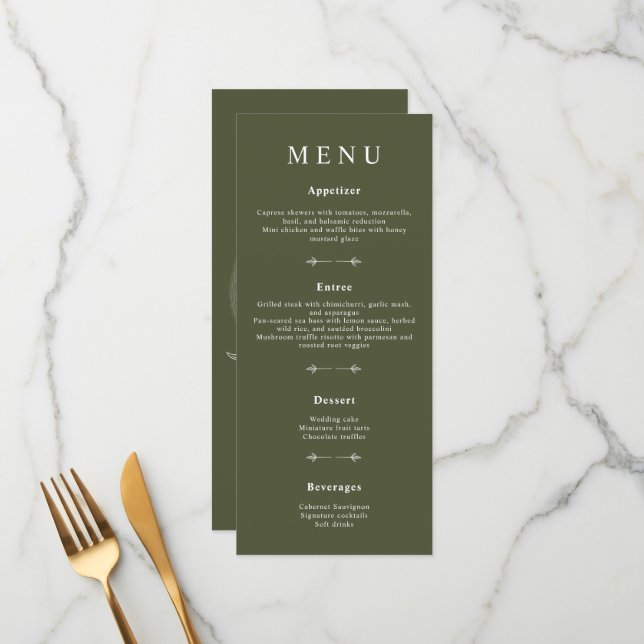 Minimal Bohemian Olive Green Wedding Menus (Front/Back In Situ)