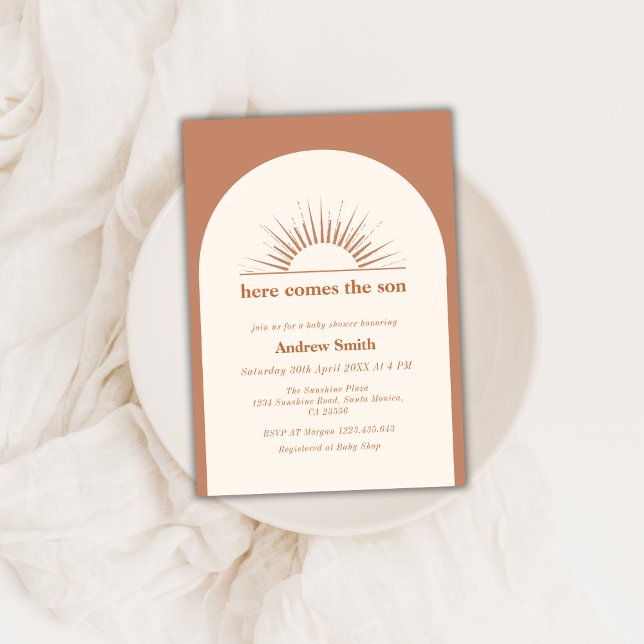 Minimal Boho Arch Here Comes The Son Baby Shower  Invitation (Minimal Boho Arch Here Comes The Son Baby Shower Invitation)