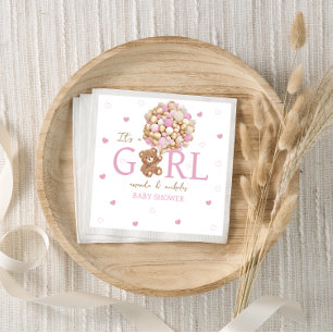 Minimal Boho Bear With Balloons Pink Napkin