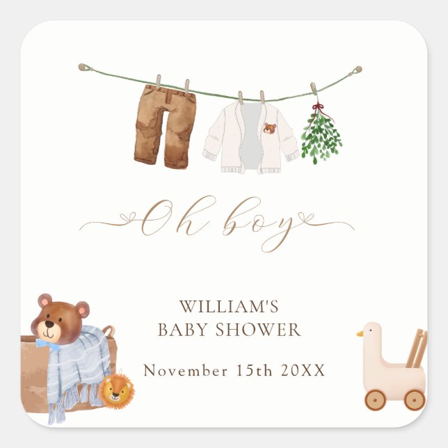 Minimal Boho Boy Clothes Baby Shower Square Sticker (Front)