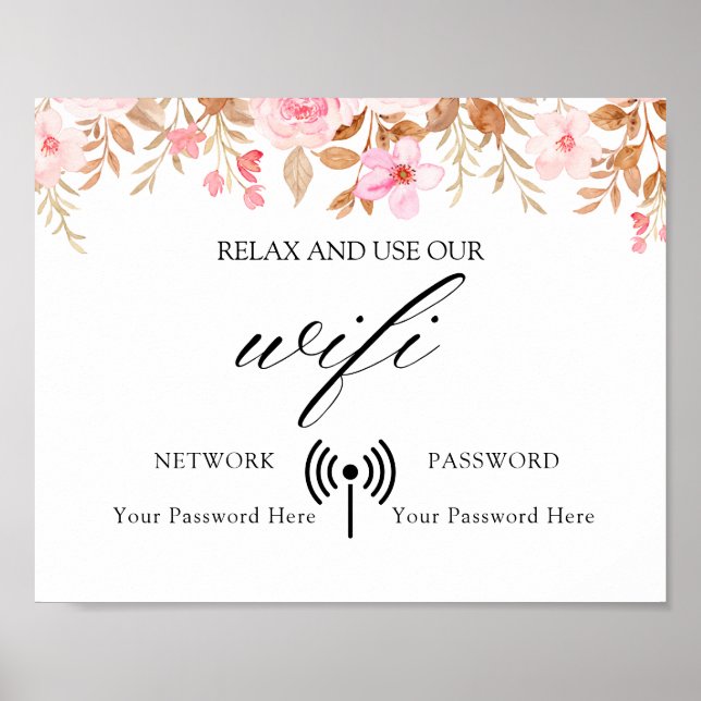 Minimal Boho Floral Wedding Wifi Poster (Front)