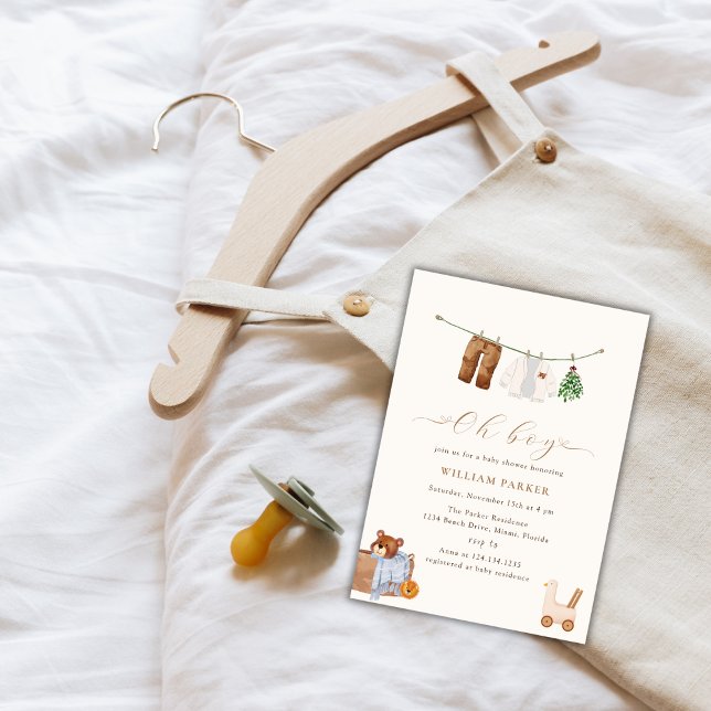 Minimal Boho Oh Boy Toy Clothes Baby Shower  Invitation (Minimal Boho Oh Boy Toy Clothes Baby Shower Invitation)