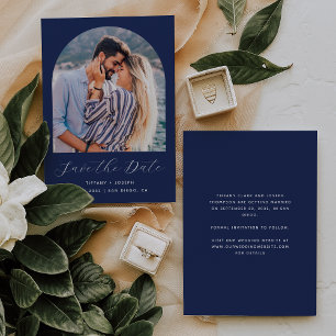 Minimal Boho Photo Arch Navy Blue Script Save The Date