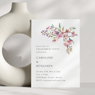 Minimal Boho Pink Wildflowers Engagement Party Invitation