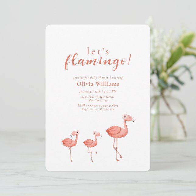 Minimal Boho Tropical Floral Flamingo Baby Shower Invitation (Standing Front)