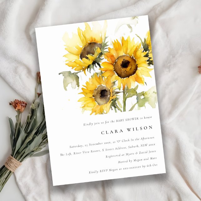 Minimal Boho Watercolor Sunflower Baby Shower Invitation (Creator Uploaded)