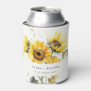 Minimal Boho Watercolor Sunflower Rustic Wedding Can Cooler