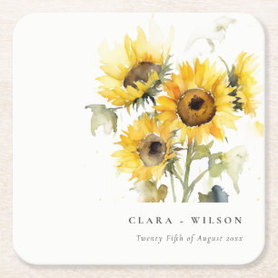 Minimal Boho Watercolor Sunflower Rustic Wedding Square Paper Coaster