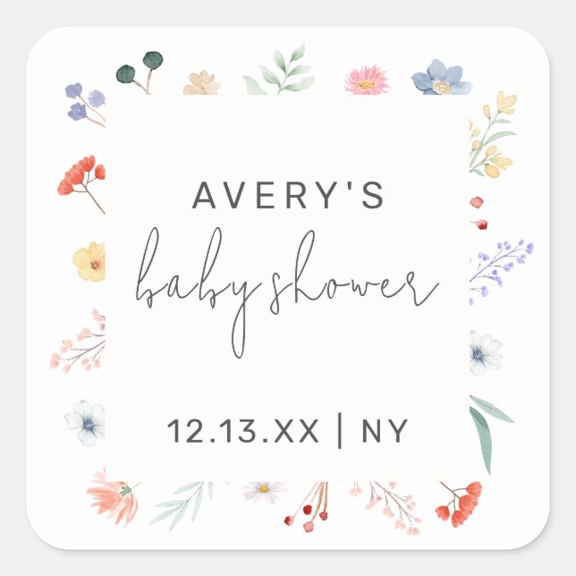 Minimal Boho Wildflower Frame Baby Shower  Square Sticker (Front)
