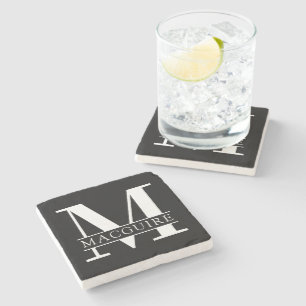 Minimal Bold Monogram with Name   Black Stone Coaster