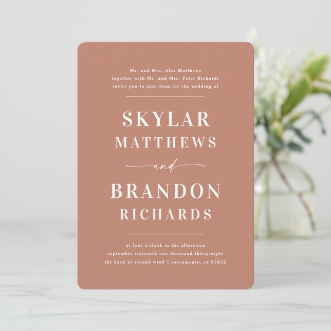 Minimal Bold Names Clay Terracotta Wedding Invitation (Standing Front)
