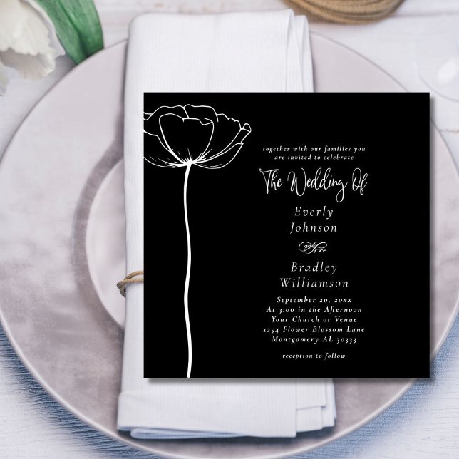 Minimal Bold Square White Floral Black Wedding  Invitation (Creator Uploaded)