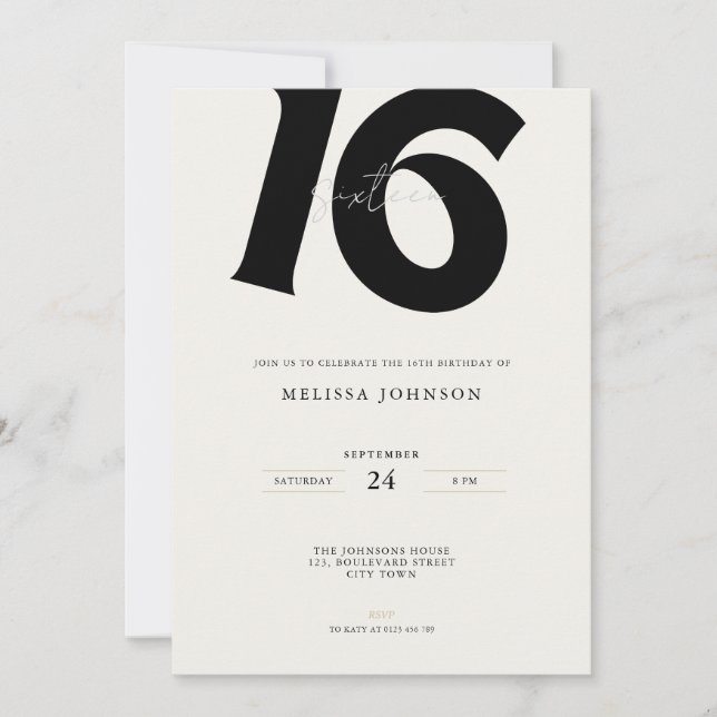 Minimal Bold Typography sweet 16th Birthday  Invitation (Front)