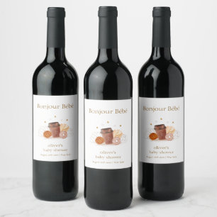 Minimal Bonjour Bébé Coffee Brunch Baby Shower Wine Label