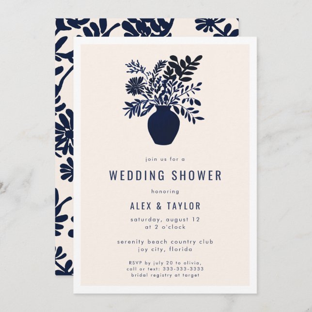 Minimal Botanical Boho Flowers Blue Wedding Shower Invitation (Front/Back)