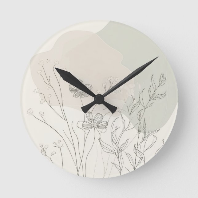 Minimal Botanical Decor – Abstract Wildflower Line Round Clock (Front)