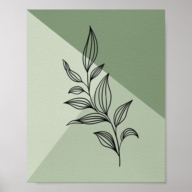 Minimal Botanical Line Art Leaves on Sage Green Poster (Front)