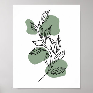 Minimal Botanical Line Art Leaves with Sage Green Poster
