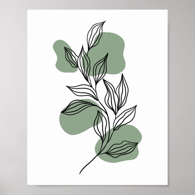 Minimal Botanical Line Art Leaves with Sage Green  Poster (Front)