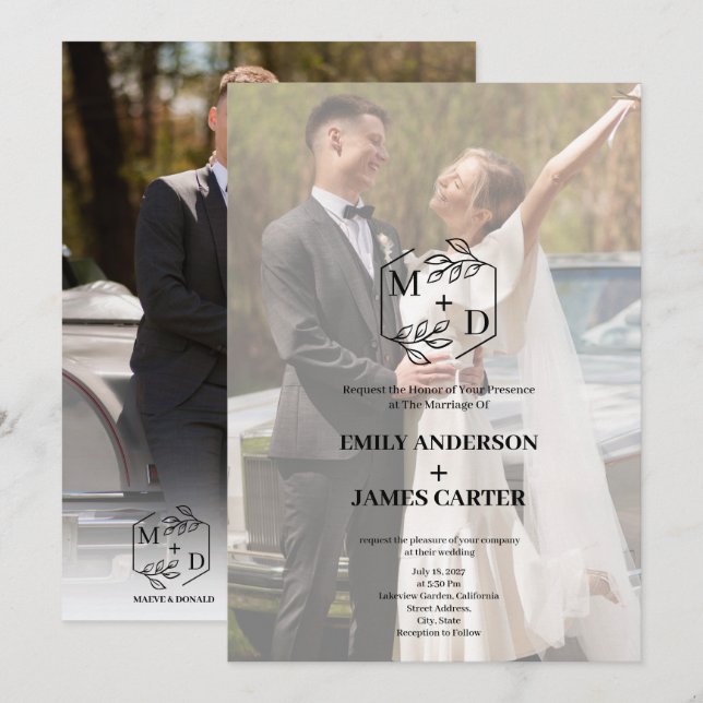 Minimal Botanical Photo Monogram Wedding  Invitation (Front/Back)
