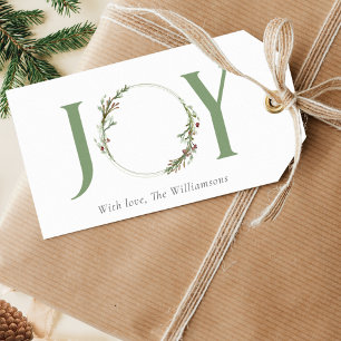 Minimal Botanical Watercolor Wreath Joy Christmas Gift Tags