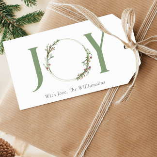 Minimal Botanical Watercolor Wreath Joy Christmas Gift Tags