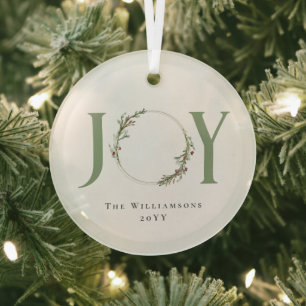 Minimal Botanical Watercolor Wreath Joy Christmas Glass Tree Decoration