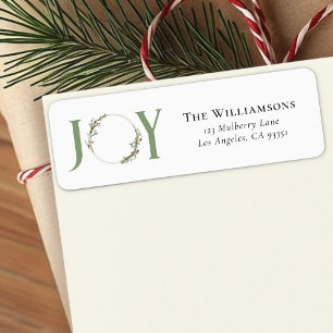 Minimal Botanical Watercolor Wreath Joy Christmas Return Address Label