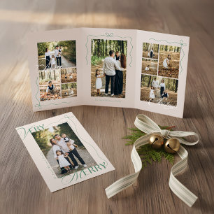 Minimal Bow Very Merry Photo Collage Christmas Tri-Fold Holiday Card
