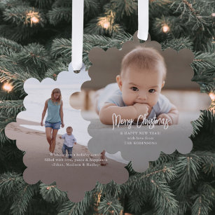 Minimal Brushed Script Merry Christmas 2 Photo Tree Decoration Card