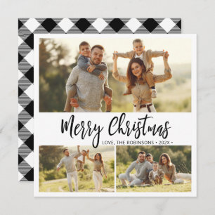 Minimal Buffalo Plaid 3 Multi Photo Christmas Holiday Card