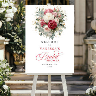 Minimal Burgundy Gold Floral Bridal Shower Welcome Poster